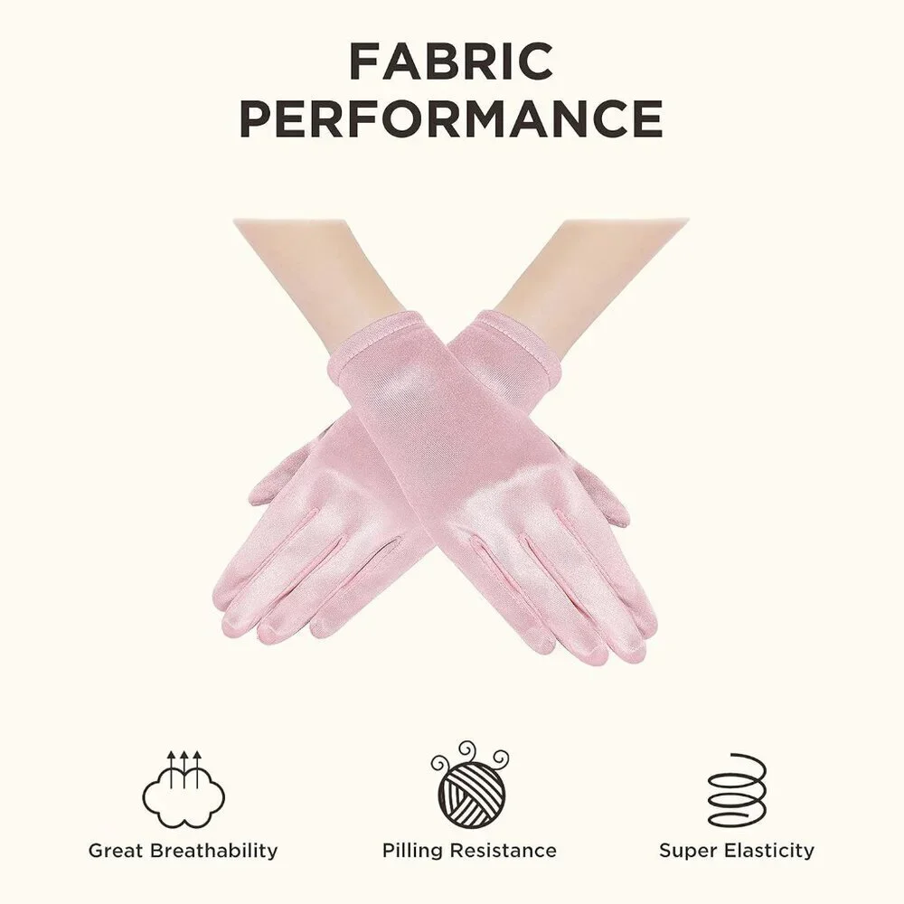 Women's Short Pink Satin Silk Gloves Banquet Wedding Party Costume Accessories